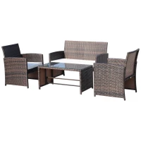 Ensemble Salon de Jardin 4 Places : canapé, 2 fauteuils et Table Basse Plateau Verre trempé résine tressée Imitation rotin Chocolat Coussins Blanc(m-1)