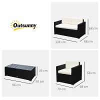Outsunny Ensemble Salon de Jardin 4 Places Grand Confort Table Basse Plateau Verre trempé résine tressée Noir Coussins crème(m-3)