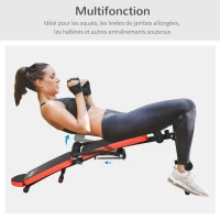 HOMCOM Banc de musculation pliable banc appareil fitness multifonction entraînement complet abdos dos jambes hauteur réglable coussin tétière inclu acier revêtement PU 148 x 58 x 65 cm noir et rouge(m-5)