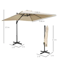 Outsunny 2.7 x 2.7 m Cantilever Parasol - Square Overhanging Umbrella with Cross Base, Crank Handle, Tilt, 360° Rotation and Aluminium Frame, Cream White(m-3)