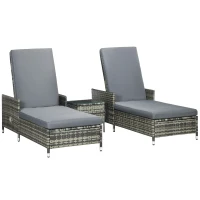 Outsunny 3-Pieces Rattan Sun Lounger, Patio Chaise Lounge Chair Set with Adjustable Backrest, Soft Cushions, Glass Top Table, Grey(m-1)