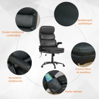 Vinsetto Fauteuil de bureau massant fauteuil bureau ergonomique grand confort hauteur réglable dossier inclinable télécommande filaire pivotante 360° noir(m-8)