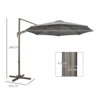 Outsunny 3(m) Cantilever Parasol with 360° Rotation Roma Umbrella, Hanging Sun Shade with Aluminium Frame, Tilt Crank, 8 Ribs and Cross Base, Dark Grey(m-3)