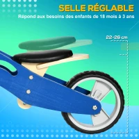 AIYAPLAY Draisienne tricycle vélo d'équilibre en bois 2 en 1 sans pédale pour enfants + 18 mois avec siège réglable 22-26 cm - bleu(m-5)