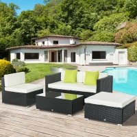 Outsunny 4-Seater Rattan Sofa Set Set Garden Outdoor Sectional Sofa Coffee Table Metal Frame w/Cushion Pillows-Black(m-12)