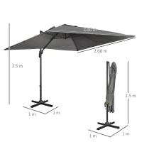 Outsunny 2.7 x 2.7 m Cantilever Parasol - Square Overhanging Umbrella with Cross Base, Crank Handle, Tilt, 360° Rotation and Aluminium Frame, Dark Grey(m-3)