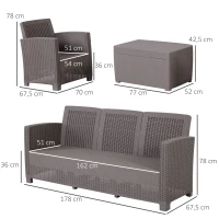 Outsunny Ensemble Salon de Jardin 5 Places Grand Confort Table Basse Rangement intégré Plastique PP Imitation rotin Noir Coussins Gris(m-3)