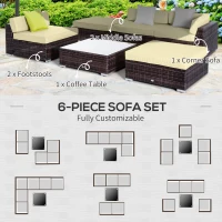 Outsunny 6 PC Rattan Sofa Coffee Table Set Sectional Wicker Weave Furniture for Garden Outdoor Conservatory w/ Pillow Cushion Brown(m-6)