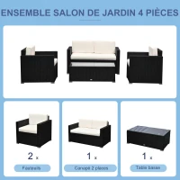 Outsunny Ensemble Salon de Jardin 4 Places Grand Confort Table Basse Plateau Verre trempé résine tressée Noir Coussins crème(m-5)