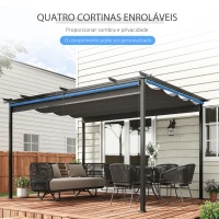 Outsunny Pérgola de Jardim com Teto Retrátil 4 Cortinas Enroláveis de Poliéster e Estrutura de Metal 3,95x2,95 cm Cinza Escuro(m-5)