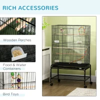PawHut Large Bird Cage Budgie Cage with Stand, Toys, Wheels, Accessories, Storage Shelf for Canaries, Finches, Lovebirds, Parakeets - Black, 79 x 49 x 133 cm(m-5)