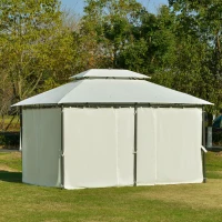 Outsunny Gartenpavillon 4 x 3m Pavillon Gartenzelt mit Seitenwänden, Festzelt mit Doppeldach, Partyzelt mit LED Licht, UV-Schutz, Stahl Polyester Cremeweiß(m-6)