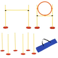 PawHut Agility Set Hunde 3-teiliges Agility-Ausrüstung für Hundetraining Steckhürdenset mit 6 Slalomstangen höhenverstellbar Hürden Sprungreifen Tragetasche Agilityset für Spiele Training(m-1)