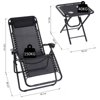 Outsunny Set Mobilier de Gradina 2 Scaune Rabatabil si Masuta Reglabila Pliabila,Tesatura de Textilen, Negru(m-3)