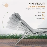Outsunny Set de 2 Sezlonguri si Masa Pliabila cu Blat din Sticla, Sezlonguri Pliabile pe 4 Niveluri si Perna pentru Tetiera, Gri(m-5)