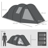 Outsunny 3-4 Man Tunnel Tent, Two Room Camping Tent with Windows and Covers, Portable Carry Bag, for Fishing, Hiking, Sports, Festival - Black(m-3)