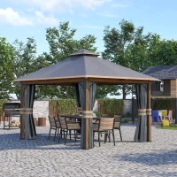Outsunny Gazebo da Giardino 3x4 m con Zanzariera e Tende, Alluminio e Acciaio, Grigio e Marrone(m-2)
