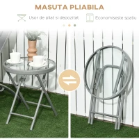 Outsunny Set de 2 Sezlonguri si Masa Pliabila cu Blat din Sticla, Sezlonguri Pliabile pe 4 Niveluri si Perna pentru Tetiera, Gri(m-6)