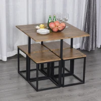 HOMCOM 5 Piece Dining Table and Chairs Set 4, Industrial Space Saving Table and Chairs with Metal Frame, Square Kitchen Table and Stools for Dining Room, Brown(m-2)