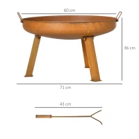 Outsunny Feuerschale mit Schürhaken, Gußeisen, Feuerstelle, 71  cm x 60 cm x 36 cm, Rostbraun(m-3)