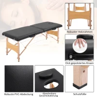HOMCOM massagebank, mobiele massagetafel, in hoogte verstelbare cosmetische bank, populierenhout, schuimstof, zwart, 186 x 60 x 58-81 cm(m-5)
