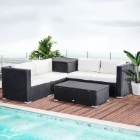 Outsunny Polyrattan Gartenmöbel Set für 4 Personen Sitzgarnitur mit Kissen Sitzgruppe Tisch mit Stauraum Schwarz+Creme(m-2)
