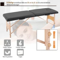 HOMCOM massagebank, mobiele massagetafel, in hoogte verstelbare cosmetische bank, populierenhout, schuimstof, zwart, 186 x 60 x 58-81 cm(m-4)