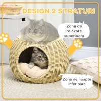 Casuta Pisici 2 Niveluri – Ratan PE cu Perna Lavabila Ø40×30 cm(m-5)