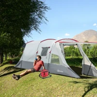 Outsunny 6-8 Person Tunnel Tent, Camping Tent with Bedroom, Living Room, Sewn-in Floor, 3 Doors and Carry Bag, 2000mm Water Column for Fishing, Hiking, Sports, and Traveling, Grey(m-2)