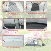 Outsunny 6-8 Person Tunnel Tent, Camping Tent with Bedroom, Living Room, Sewn-in Floor, 3 Doors and Carry Bag, 2000mm Water Column for Fishing, Hiking, Sports, and Traveling, Grey(m-6)
