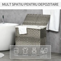 HOMCOM Cos de rufe din ratan cu capac, cos de rufe 100 litri cu 2 sectiuni si geanta detasabila lavabila, cos de spalat, 56,5 x 33 x 61 cm, gri(m-4)