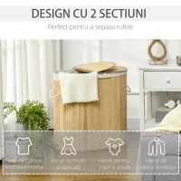 HOMCOM Cos de rufe din bambus cu capac, 100 litri cu 2 sectiuni, captuseala detasabila lavabila, 62,5 x 37 x 60,5 cm, natural(m-6)