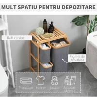 HOMCOM Cos de rufe din bambus , cos de rufe cu 3 pungi glisante din material textil si raft deschis, cos de spalat cu 3 sectiuni, economiseste spatiu, natural(m-4)