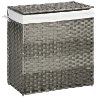 HOMCOM Cos de rufe din ratan cu capac, cos de rufe 100 litri cu 2 sectiuni si geanta detasabila lavabila, cos de spalat, 56,5 x 33 x 61 cm, gri(m-1)