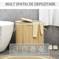 HOMCOM Cos de rufe din bambus cu capac, 100 litri cu 2 sectiuni, captuseala detasabila lavabila, 62,5 x 37 x 60,5 cm, natural(m-4)