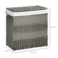 HOMCOM Cos de rufe din ratan cu capac, cos de rufe 100 litri cu 2 sectiuni si geanta detasabila lavabila, cos de spalat, 56,5 x 33 x 61 cm, gri(m-3)
