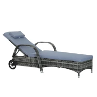 Outsunny Adjustable Rattan Sun Lounger W/ Cushion, 200Lx73Wx56-103H cm-Grey(m-1)