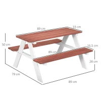 Outsunny Conjunto de Mesa e 2 Bancos Infantil de Madeira Mesa de Piquenique para Crianças de 3-8 Anos 89x79x50 cm Marrom e Branco(m-3)