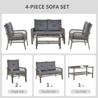 Outsunny 4 PCS Patio PE Rattan Wicker Sofa Sets Outdoor All Weather Conversation Furniture w/ Two Tier Tea Table & Cushions for Backyard Garden Grey(m-6)