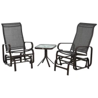 Outsunny 3 Pieces Garden Gliding Chair Set, Metal Frame 2 Single Armchair Swing Seater and 1 Glass Top Coffee Table w/ Breath Mesh Fabric Seat, Brown(m-1)