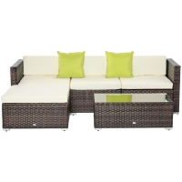Outsunny 5pcs Rattan L-Shaped Corner Couch Sofas with Coffee Table Adjustable Feet Water-resistant Polyester Cloth Brown