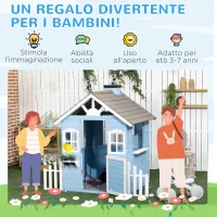 Outsunny Casa per Bimbi 3-7 Anni con Staccionata, Portavasi, Porta e Finestre, in Legno di Abete, 151x112.5x142 cm, Blu(m-6)