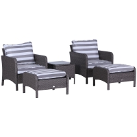 Outsunny 5 Pcs PE Rattan Garden Furniture Set, 2 Armchairs 2 Stools Glass Top Table Cushions Wicker Weave Chairs Outdoor Seating, Dark Grey