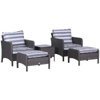 Outsunny 5 Pcs PE Rattan Garden Furniture Set, 2 Armchairs 2 Stools Glass Top Table Cushions Wicker Weave Chairs Outdoor Seating, Dark Grey(m-1)