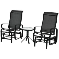 Outsunny 3 Pieces Garden Gliding Chair Set, Metal Frame 2 Single Armchair Swing Seater and 1 Glass Top Coffee Table w/ Breath Mesh Fabric Seat, Black(m-12)