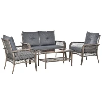 Outsunny 4 PCS Patio PE Rattan Wicker Sofa Sets Outdoor All Weather Conversation Furniture w/ Two Tier Tea Table & Cushions for Backyard Garden Grey(m-11)