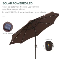 Outsunny Φ2.7m Garden 24 LED Light Parasol Solar Outdoor Tilt Sun Umbrella Patio Club Party Event Manual Sun Shade w/Hand Crank 8 Ribs Brown/Coffee(m-5)