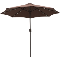 Outsunny Φ2.7m Garden 24 LED Light Parasol Solar Outdoor Tilt Sun Umbrella Patio Club Party Event Manual Sun Shade w/Hand Crank 8 Ribs Brown/Coffee