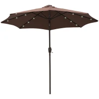 Outsunny Φ2.7m Garden 24 LED Light Parasol Solar Outdoor Tilt Sun Umbrella Patio Club Party Event Manual Sun Shade w/Hand Crank 8 Ribs Brown/Coffee(m-1)