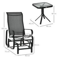 Outsunny 3 Pieces Garden Gliding Chair Set, Metal Frame 2 Single Armchair Swing Seater and 1 Glass Top Coffee Table w/ Breath Mesh Fabric Seat, Black(m-3)